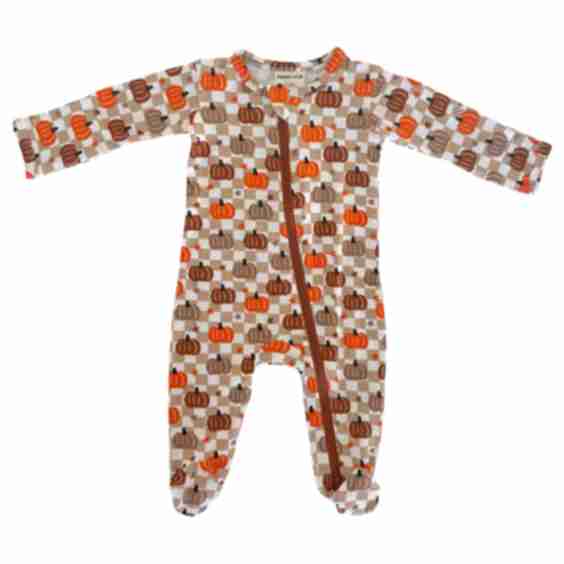 2-Way Zip Footie, Pumpkin Checkerboard