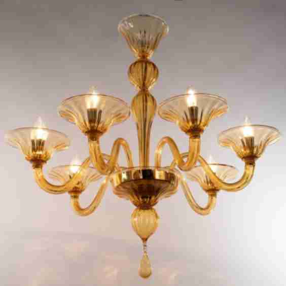 Simplicissimus Chandelier 6 Arms Amber Murano Glass