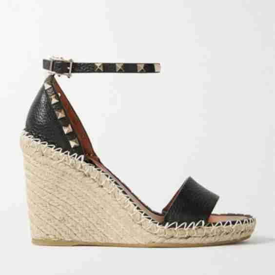 Black Garavani Rockstud 105 Textured-Leather Espadrille Wedge Sandals