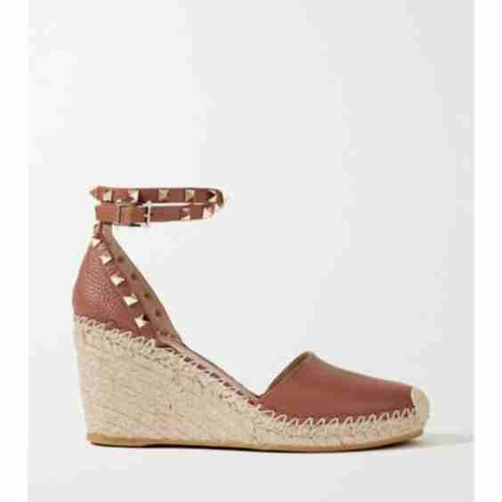 Brown Garavani Rockstud 85 Textured-Leather Wedge Espadrilles