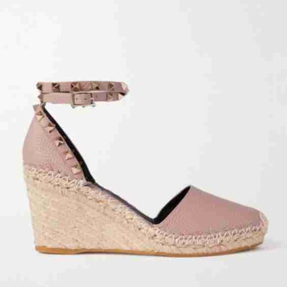 Neutral Garavani Rockstud 85 Textured-Leather Wedge Espadrilles