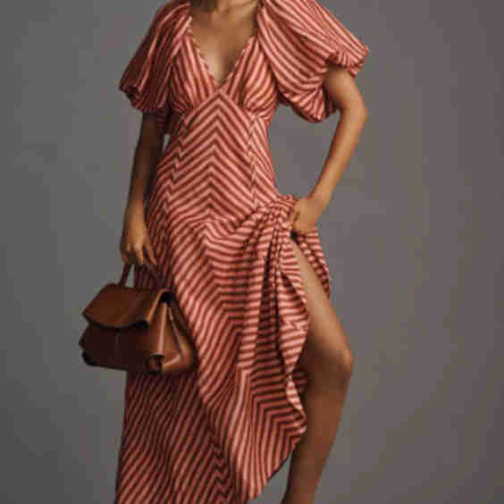 Tess Puff-Sleeve Linen-SIlk Midi Dress