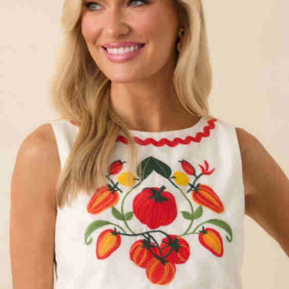 Ellie Tomato Embroidered Ivory Cotton Top