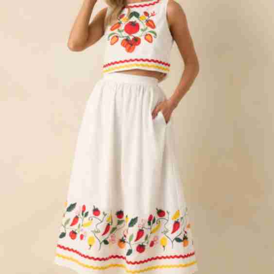 Virginia Tomato Embroidered Ivory Cotton Midi Skirt