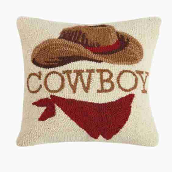 Western Cowboy Hooked Rug Pillow