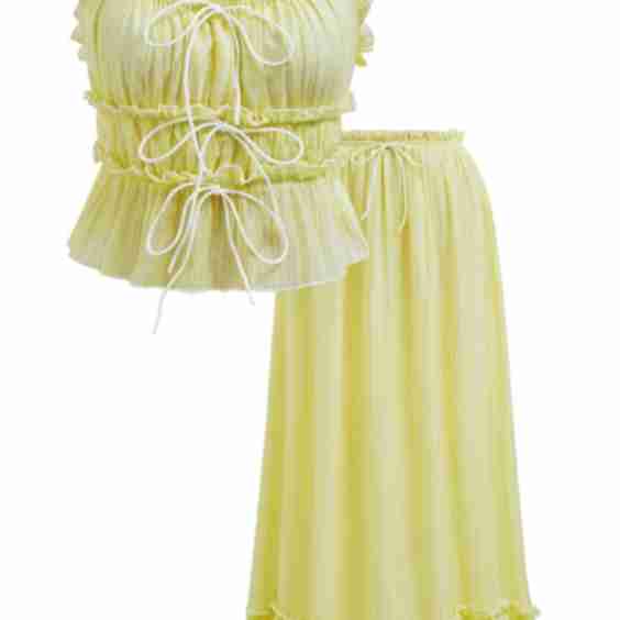 Contrast Bowknot Ruffle Cami Top and Skirt Set in Yellow