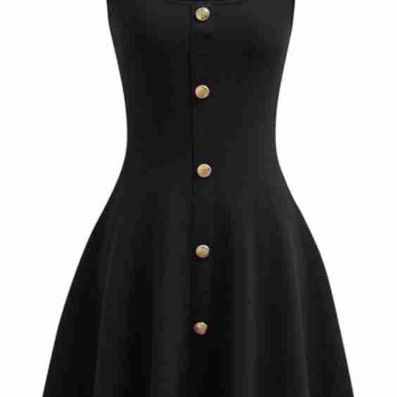 Square Neck Button Decor Skater Dress in Black