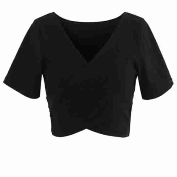 Crisscross Front Short Sleeves Ribbed Top in Black