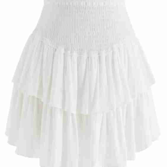 Tiered Ruffle Shirred Waist Mini Skirt in White