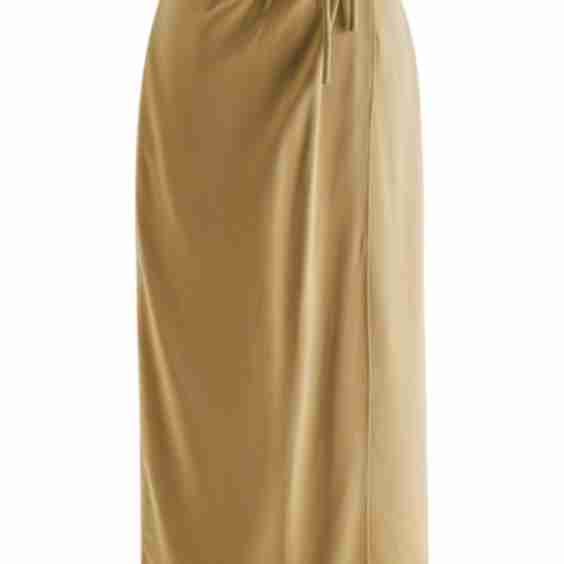 Tie Waist Asymmetric Flap Satin Midi Skirt in Camel