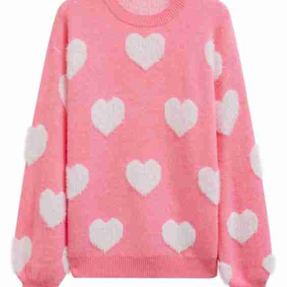 Contrast Fuzzy Heart Crew Neck Knit Sweater in Candy Pink