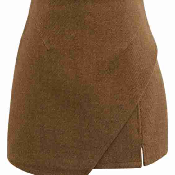 Notched Hem Wool-Blend Flap Mini Skirt in Camel
