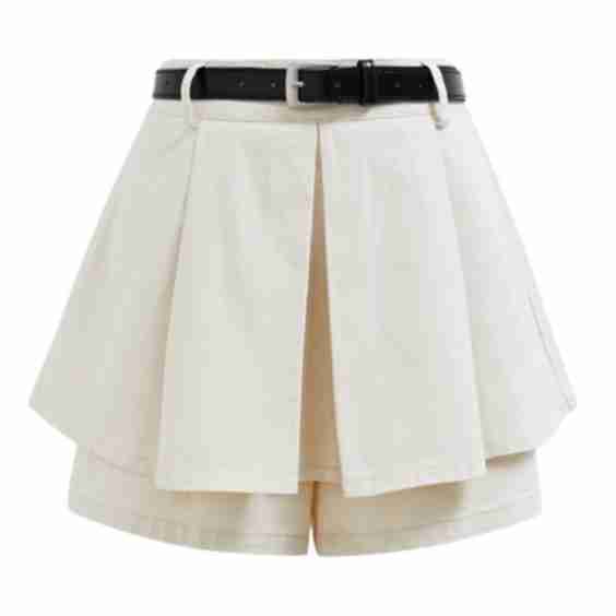 Front Pleated Belt Denim Mini Skorts in Ivory