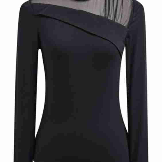 Sheer Elegance Asymmetric Mesh Spliced High Neck Top
