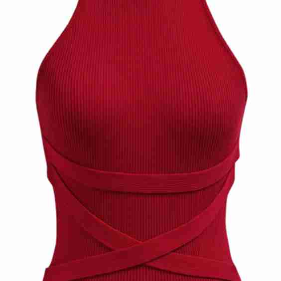 Crisscross Ribbon Sleeveless Halter Knit Top in Red