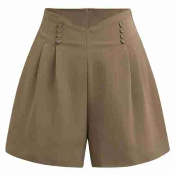 Button-Embellished Dipped Front Waist Shorts in Brown