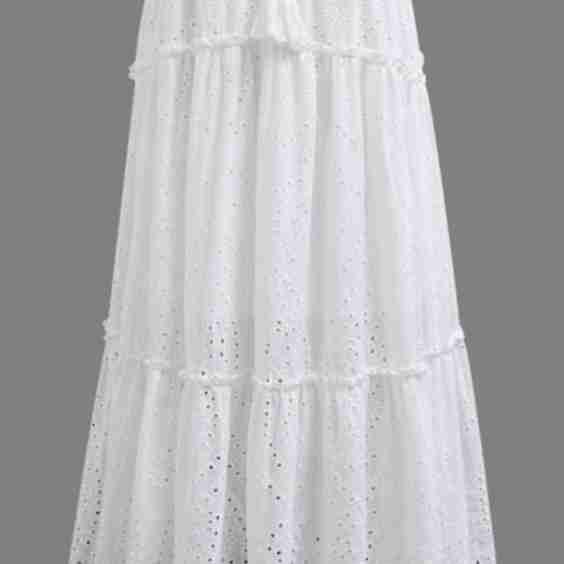 Eyelet Embroidery Tassel String Maxi Skirt in White