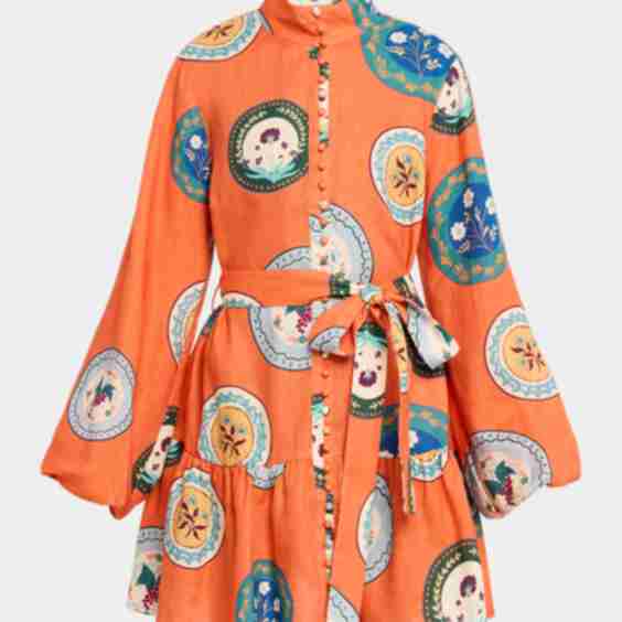 Austin Orange Plates Flounce Linen Mini Dress