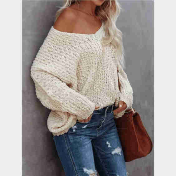 Boho Off Shoulder Knit V-Neck Sweater
