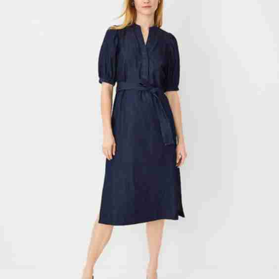 Chambray Puff Sleeve Belted Shirtdress