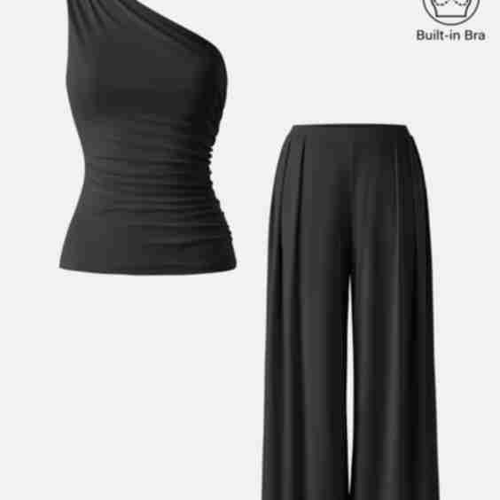 2Pcs Set Sandwashed Ruched Brami & Mid Rise Wide Leg Palazzo Pants with Pockets