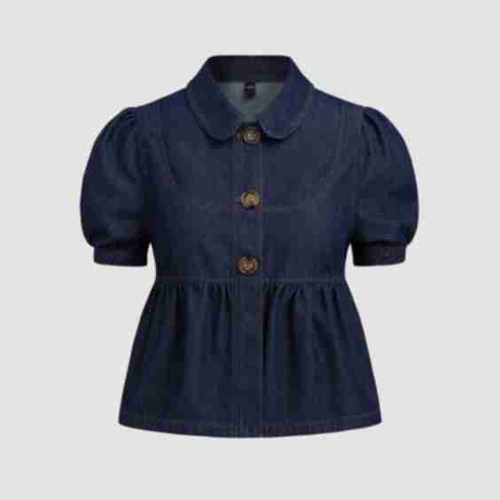 Denim Peter Pan Collar Ruched Puff Sleeve Blouse 