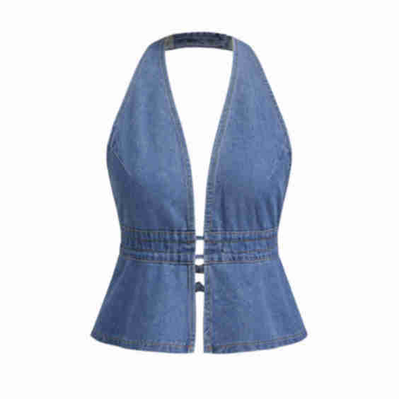 Denim Halter Neckline Backless Bowknot Top