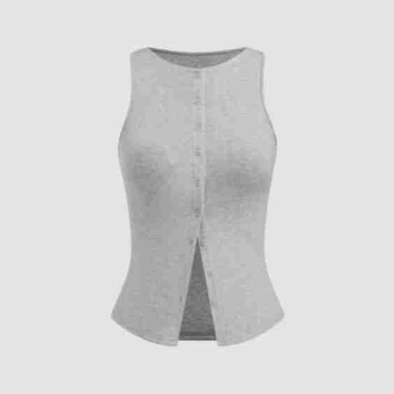 Round Neckline Solid Button Crop Tank Top