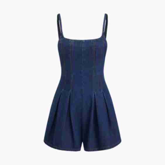 Denim Pleated Zipper Romper