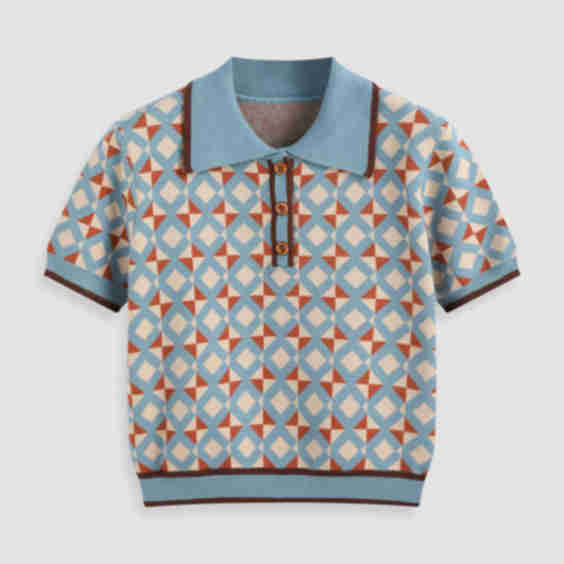 Knit Collar Geometric Button Short Sleeve Top