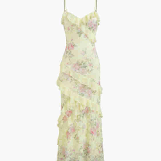 Lace V-neck Floral Ruffle Maxi Dress