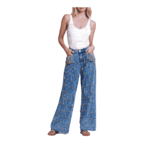 Hand-Beaded High Waist Jeans