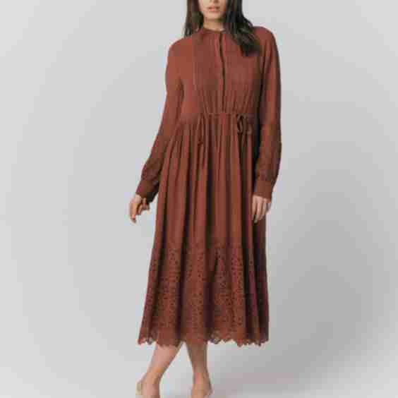 Georgette Broderie Pleated Midi Smock Dress