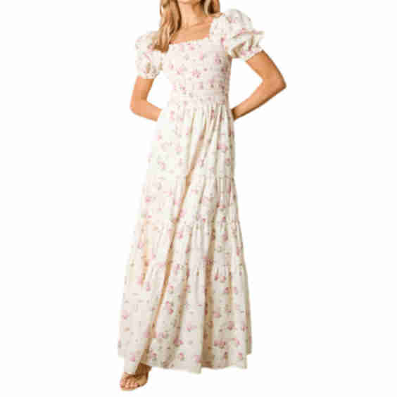 Yunliwuli Flower Print Long Dress Short Puff Sleeves Square Neck Shirred Flowy Dress 