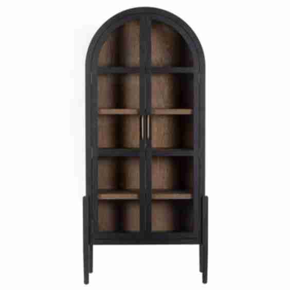 Julian Mid Century Modern Curved Black Wood Glass Arch Cabinet Display Case
