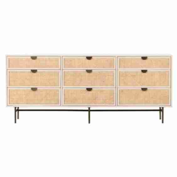 Assunta Coastal Beige Wood Natural Woven Cane Aged Brass Steel 9 Drawer Dresser