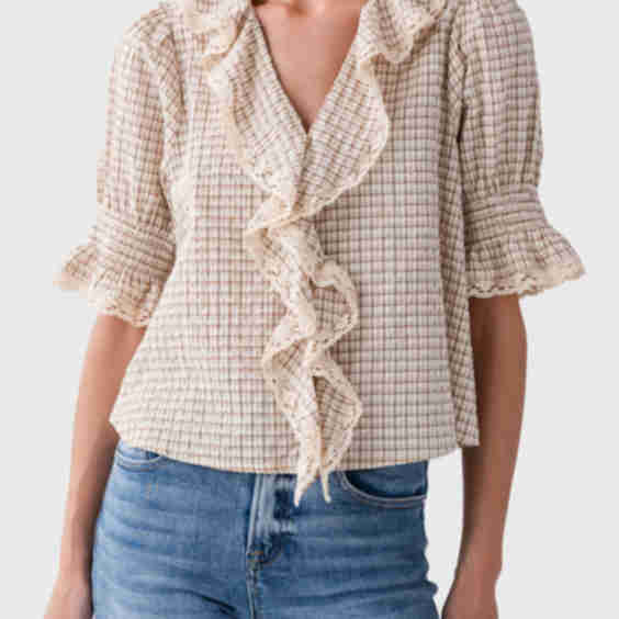 Social Threads x Raisonnel Soft Warm Plaid V-Neck Ruffle Top