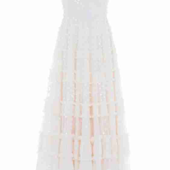 Dot Shimmer Tiered Strapless Ankle Gown