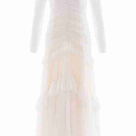 Sequin Glimmer Rouched Off-Shoulder Gown