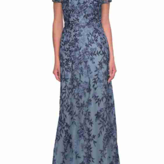Floral Beaded Evening Dress with Sheer Cap Sleeves
