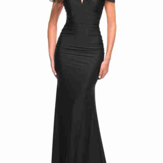 Ruched Off the Shoulder Gown with V Neckline