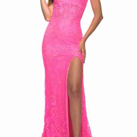Neon Lace Prom Gown With Sheer Bodice And Tie Up Back