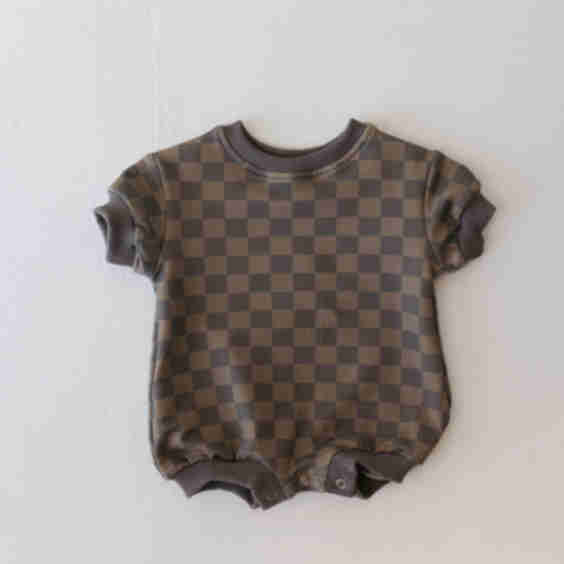 Short Sleeve Romper Faded Brown Checkerboard