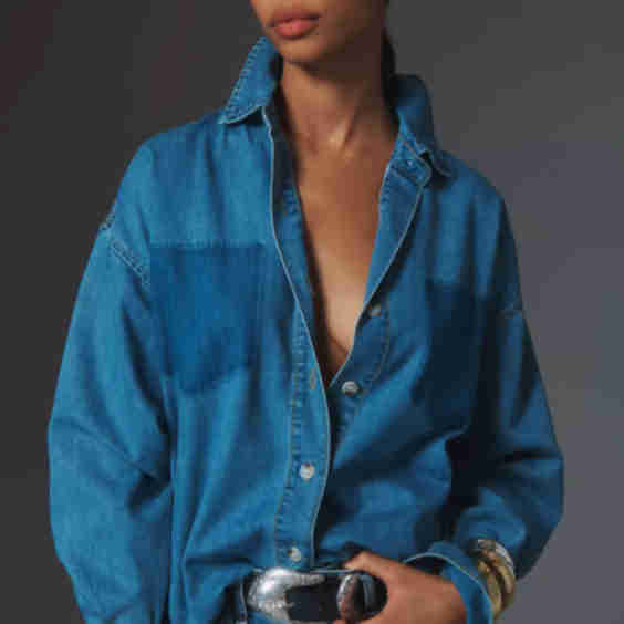 Long-Sleeve Burnout Pocket Denim Buttondown Shirt