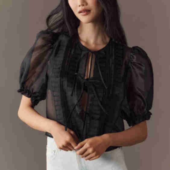 Sheer Tie-Front Puff-Sleeve Blouse