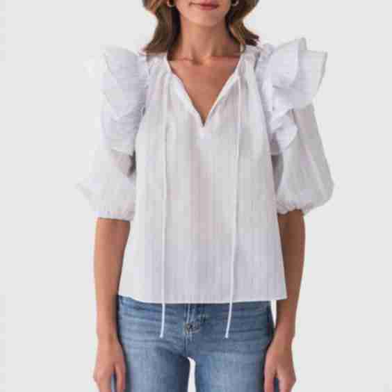  Stripe Ruffle Shoulder Puff Sleeve Blouse