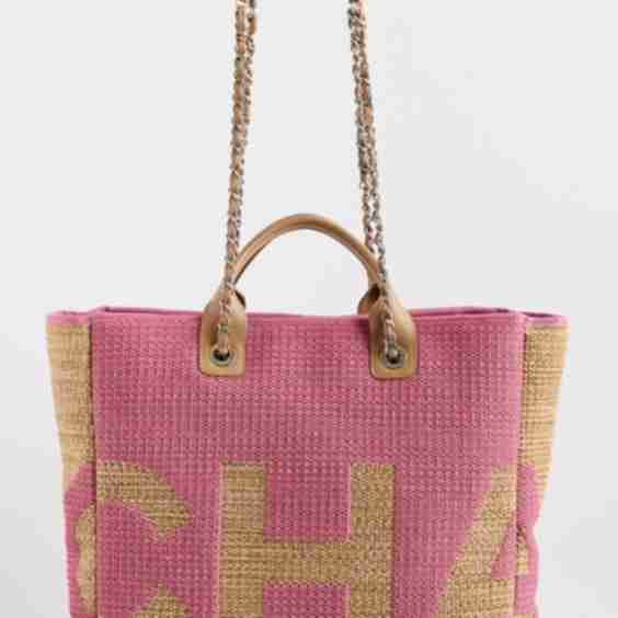 Chanel Pink Raffia Large Shopping Tote