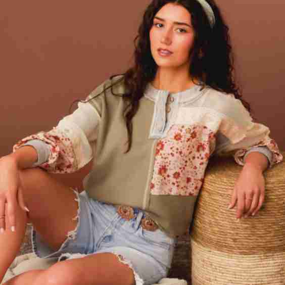 Gimmicks Pieced Floral Boxy Henley