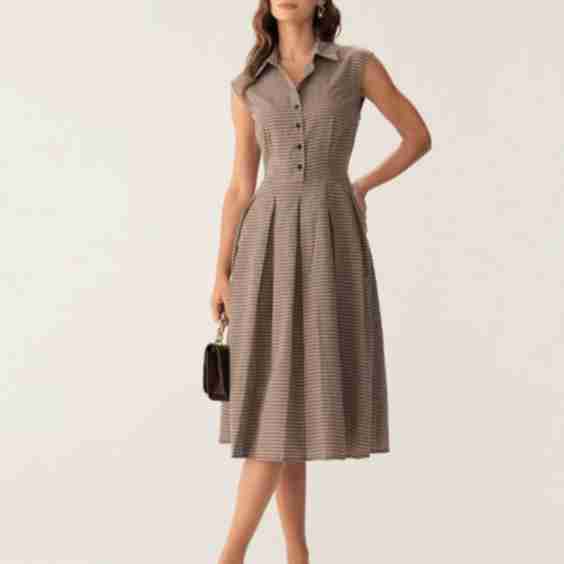 Plaid Button Pleated Midi Dress