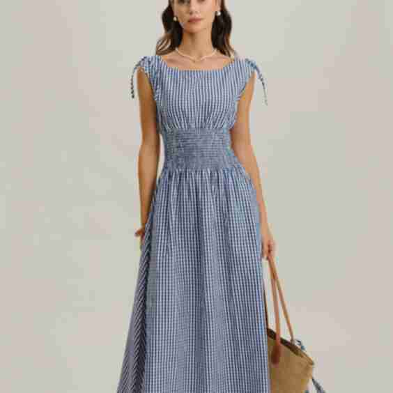 Plaid Boat Neck Shirred Midi Dress